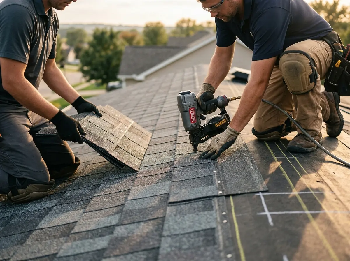 Professional roofer working on a residential roof in West Bend